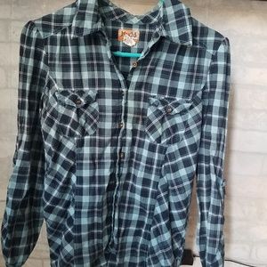 Mudd Navy Blue & Teal Plaid Long Sleeve Shirt